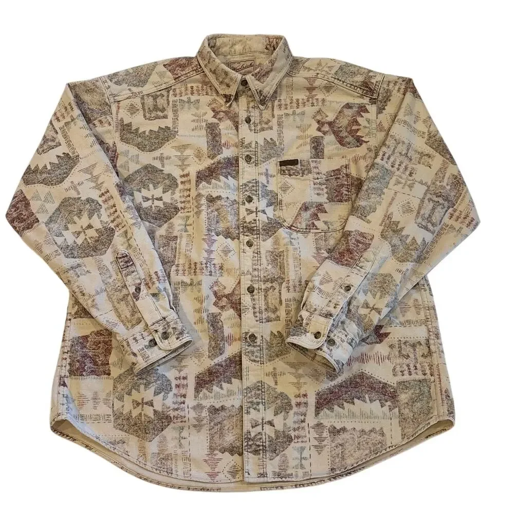 Vtg Woolrich Shirt Mens XL Beige Aztec Chamois Flannel Button Up Long Sleeve USA